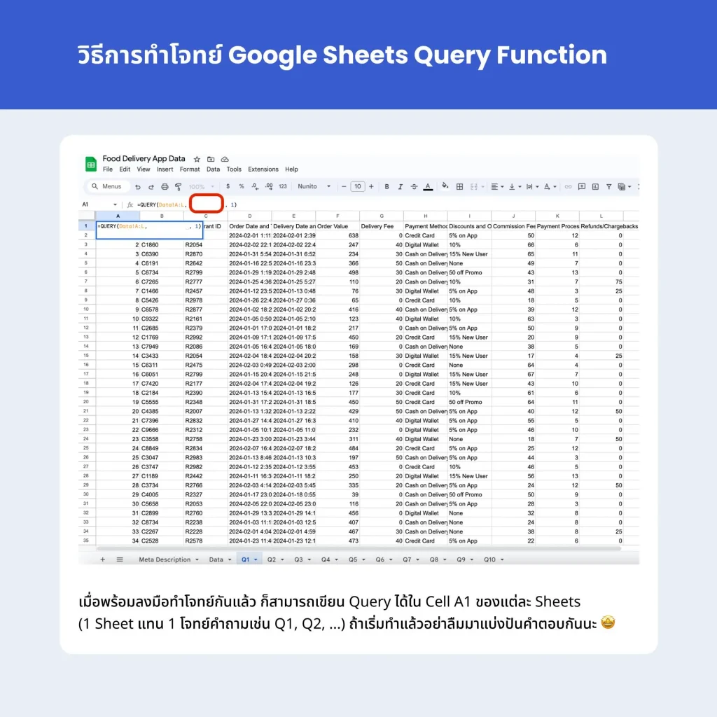 วิธีทำโจทย์ Food Delivery จากไฟล์ Google Sheet