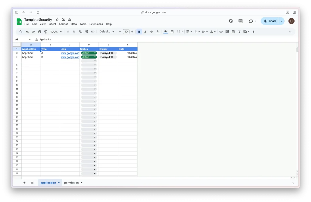 ตัวอย่าง Template Google Sheet ที่เราใช้เพื่อติดตามการพัฒนา Low-Code App ทั้งหมด