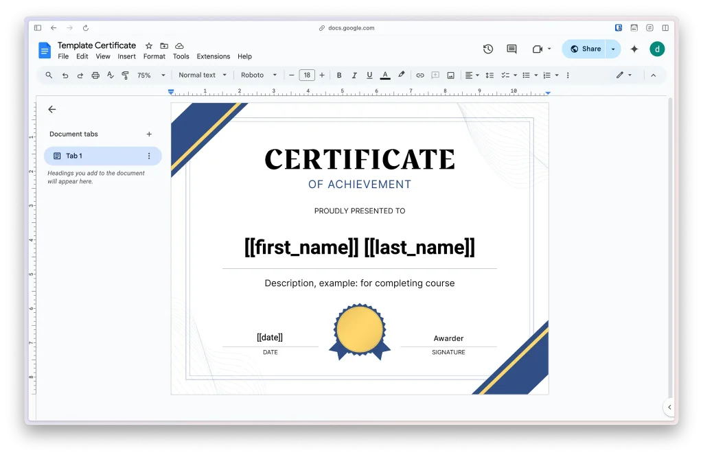 ตัวอย่าง Template Certificate ที่สร้างจาก Google Doc 