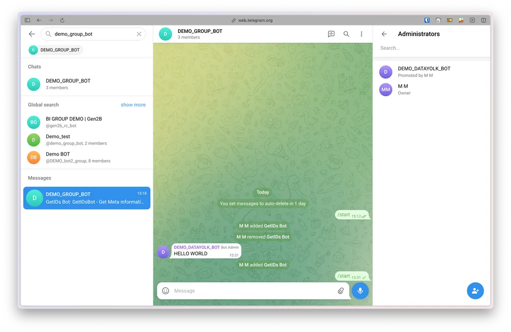 ตัวอย่างการส่ง Message ของ Telegram bot ใน Group