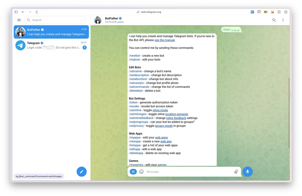 รายชื่อคำสั่งทั้งหมดที่รองรับในการสร้าง Bot ใน @BotFather