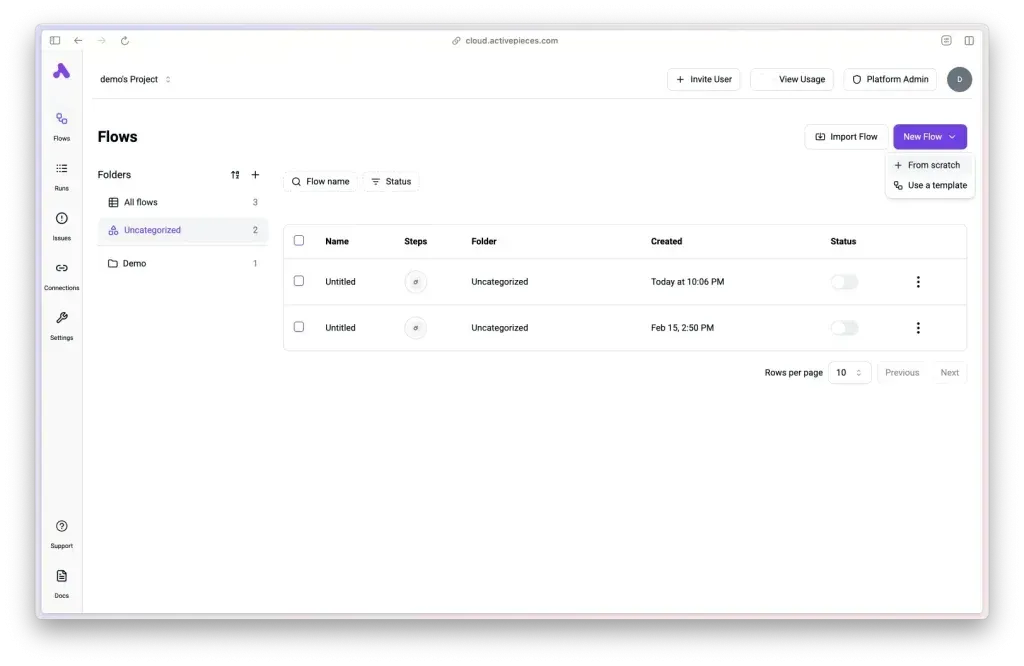เปิด Flow / Project ใหม่ใน Activepieces