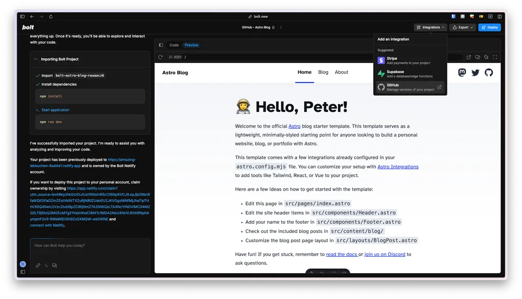 เปิดใช้งาน GitHub Integration ใน Bolt.new