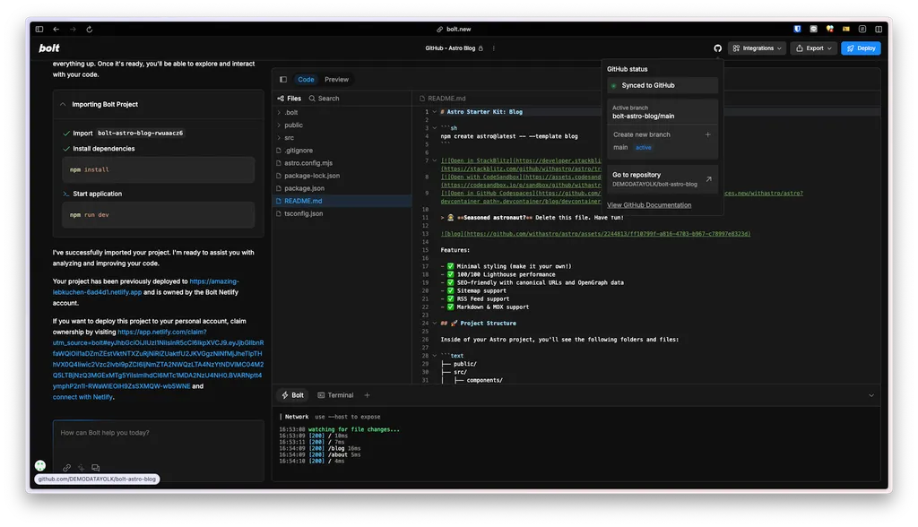 เชื่อมต่อ GitHub กับ Bolt.new เรียบร้อยแล้ว