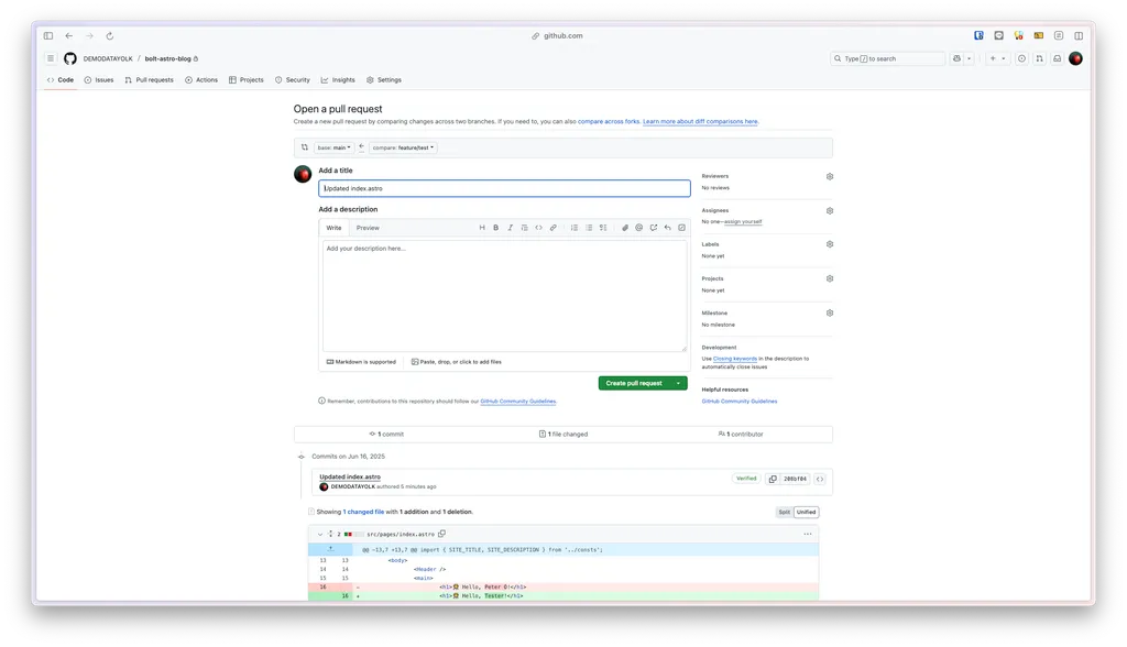 ตัวอย่างการเปิด Pull request โดยควรเขียน Title และ Description ให้เรียบร้อยเพื่อให้กลับมาอ่านและเข้าใจว่าส่วนนี้พยายามทำอะไร