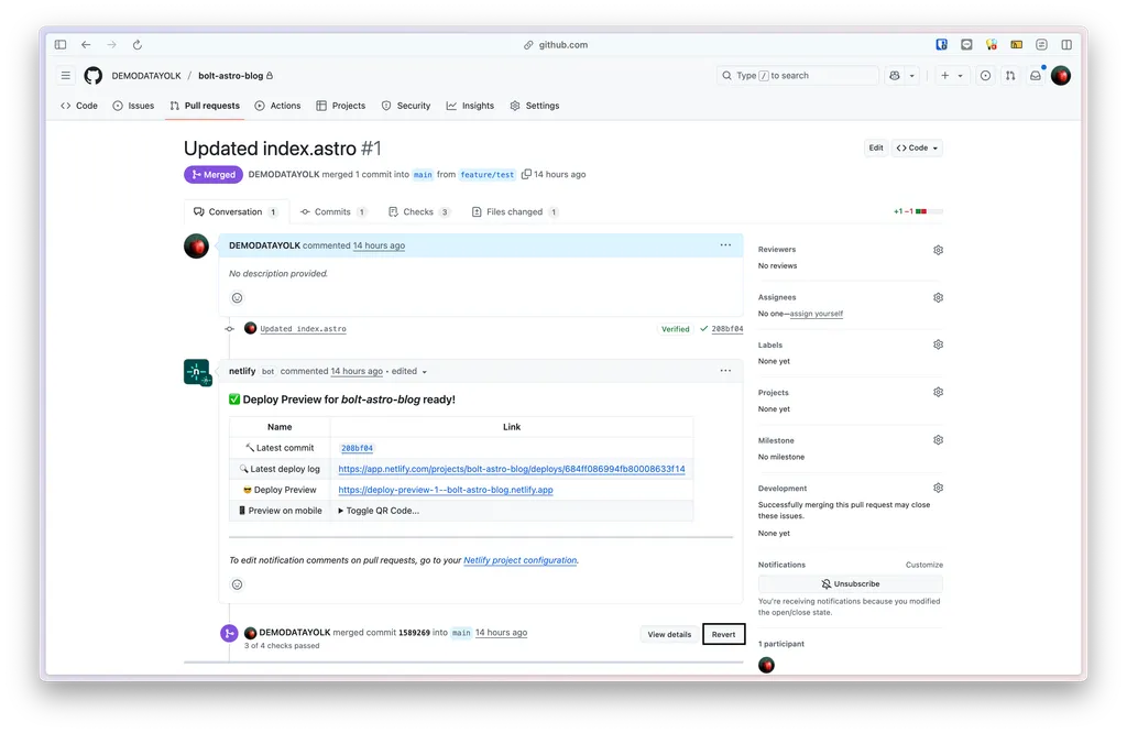 ตัวอย่างการกดปุ่ม Revert จาก Pull request อันเดิมที่เคย Merge ไปแล้ว