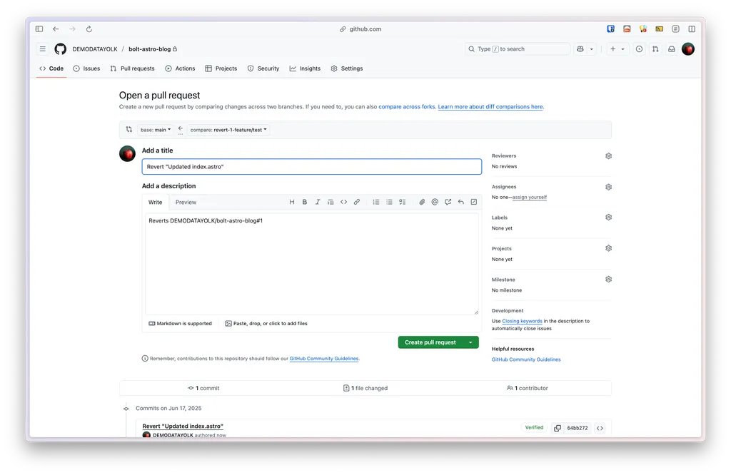 ตัวอย่างการสร้าง Pull request เพื่อ Revert การเปลี่ยนแปลง