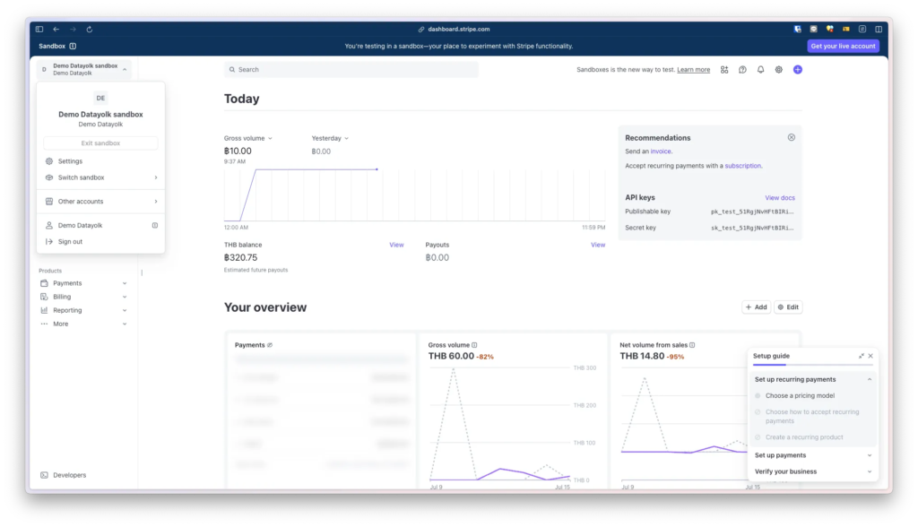ตัวอย่างหน้า Dashboard ของ Stripe