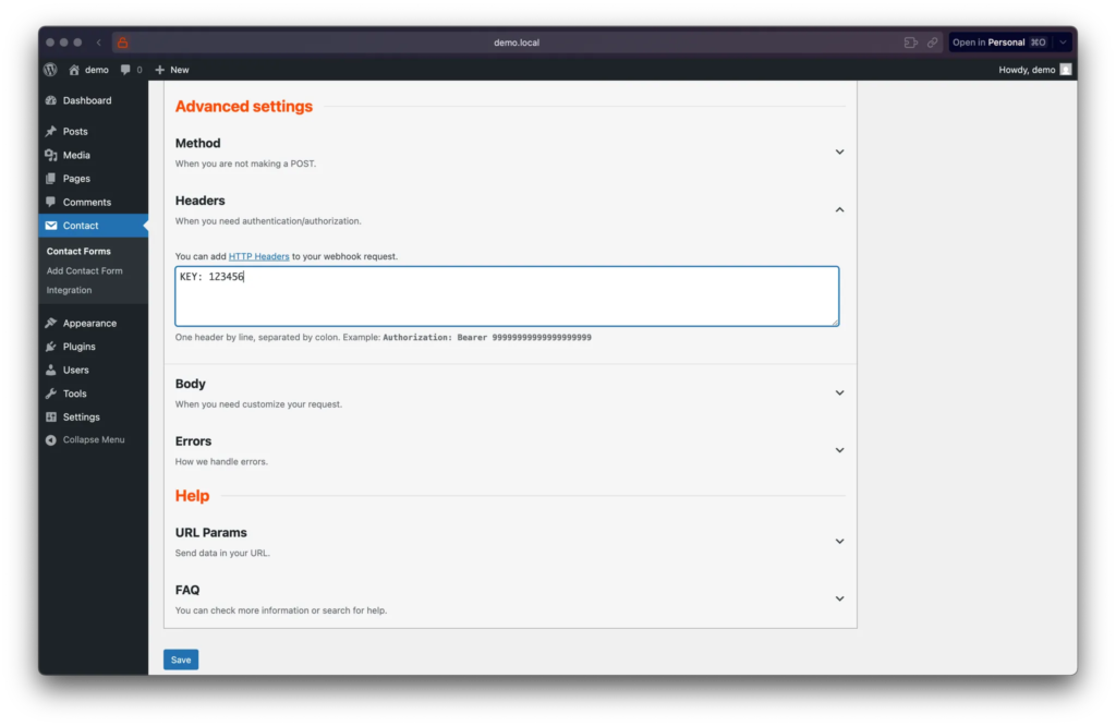 ตัวอย่างการตั้งค่า Headers ใน CF7 to Webhook plugin