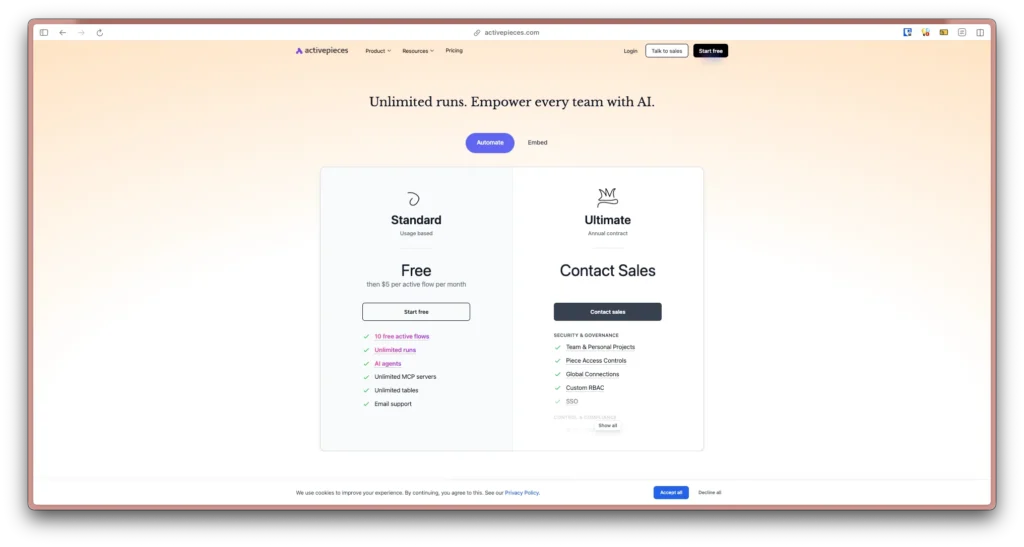 Activepieces ใน Free Plan ตอนนี้รันได้ไม่จำกัดจำนวนครั้ง โดยรันได้ทั้งหมด 10 workflow และจ่ายเพิ่มเพื่อเพิ่ม workflow ที่รันได้