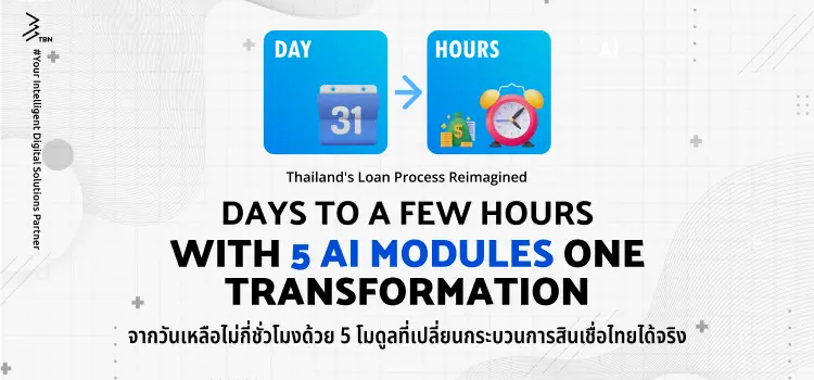 Calendar icon showing day 31 with arrow pointing to clock and money icon labeled hours, with text Days to a Few Hours with 5 AI Modules One Transformation
